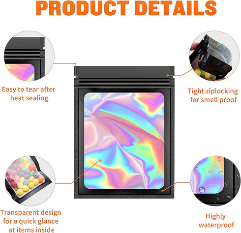 100 Pieces Resealable Mylar Bags, Small Holographic Packaging Bags, Smell Proof Mylar Bags for Food Storage/Jewelry/Eyelash for Small Business (Wh...