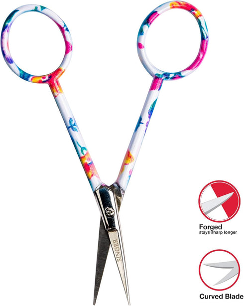 SINGER 4 Inch Forged Embroidery Scissors with Curved Tip for Sewing, Cross-Stitching, Crafts, & More (White Floral & Pastel Print, 2-Pack)...