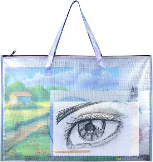 BUSOHA Large Clear Mesh Vinyl Bag with Handle and Zipper,19"X 25" Waterproof Art Storage Bag for Artworks, Charts and Teaching Material Multipurpo...