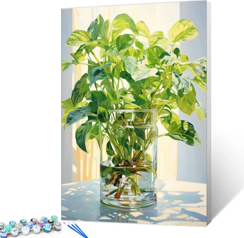 Tucocoo Green Plants in Glass Vase Oil Painting Paint by Number Kits 16 x 20 inch Canvas Plants DIY Oil Painting for Kids Students Adults Beginner...