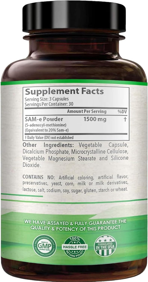 1500mg SAM-e Supplement - High Strength S-Adenosyl-L-Methionine Capsules 1500mg per Serving for Joint Brain Liver and Mood Support - Non-GMO High ...