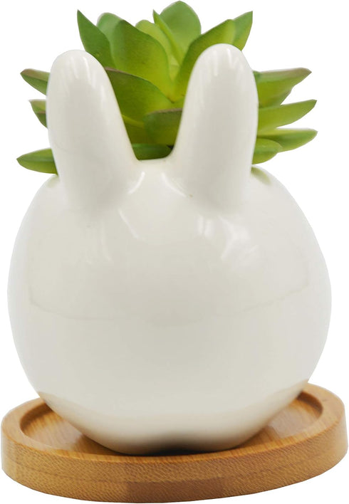 Succulent Pots,3.14 Inch Tall Cute Bunny Shaped Cartoon Ceramic Succulent Cactus Flower Pot with Bamboo Tray -Plant Not Included...