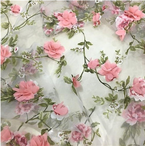 Tong Gu Lace Fabric Organza 3D Pink Chiffon Rose Floral Embroidery Wide 55 in (Length 1 m/39 in)...
