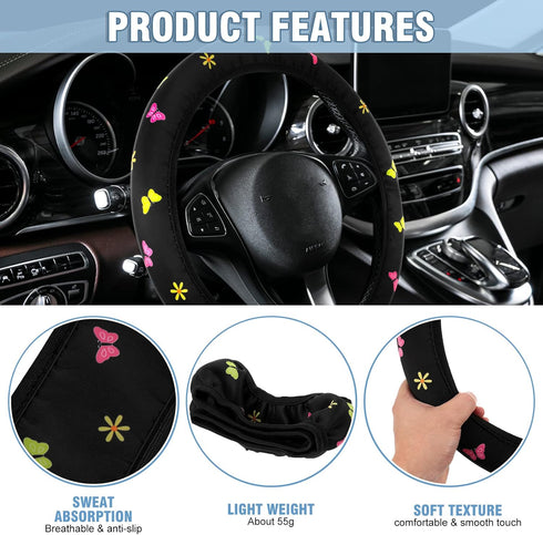 Frienda 5Pcs Butterfly Car Accessories Set Floral Butterfly Steering Wheel Cover with Cute Daisy Air Vent Clips Universal Sage Green Car Accessori...