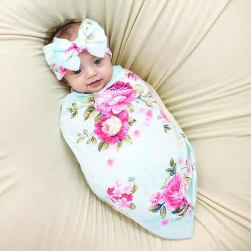 Galabloomer Receiving Blanket Headband Set Flower Print Baby Swaddle Blankets...