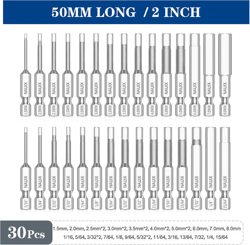 30 Piece Hex Head Allen Wrench Drill Bit Set, 1/4 Inch Hex Shank Metric and SAE S2 Steel Hex Bit Set, Magnetic Tips 50mm Long (SAE+METRIC HEX BITS...