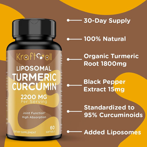 Liposomal Turmeric Curcumin Supplement 2200 mg with Black Pepper Extract 15 mg for High Absorption and Joint Function, 60 Softgels for Adults...