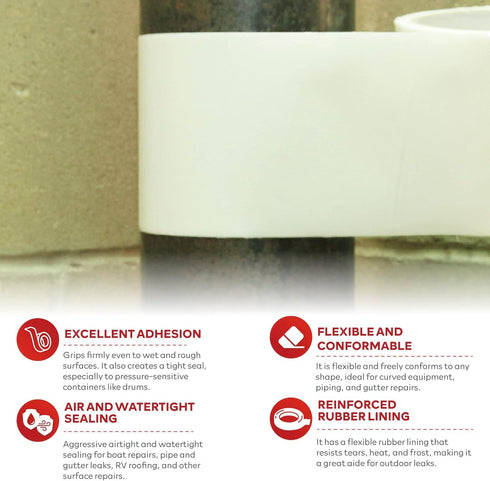 XFasten Waterproof Patch and Seal Tape, White, 4-Inch by 10-Foot Roof and Gutter Rubber Repair Tape for Stop Leak Repair on Gutter, Roof, Boat, Po...