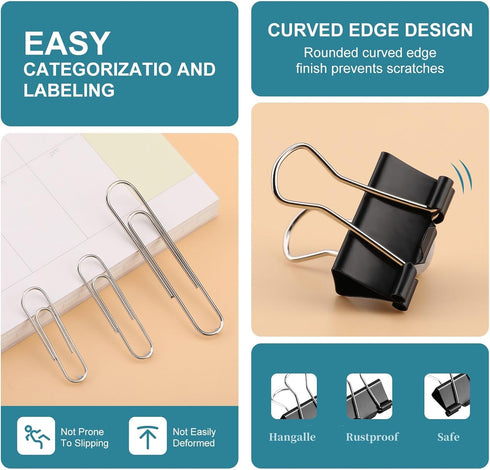 Binder Clips Paper Clips, 360 Pcs Binders & Paperclips Assorted Sizes with Container, Silver Paper Clips & Black Binder Clips Office Supplies, Pap...