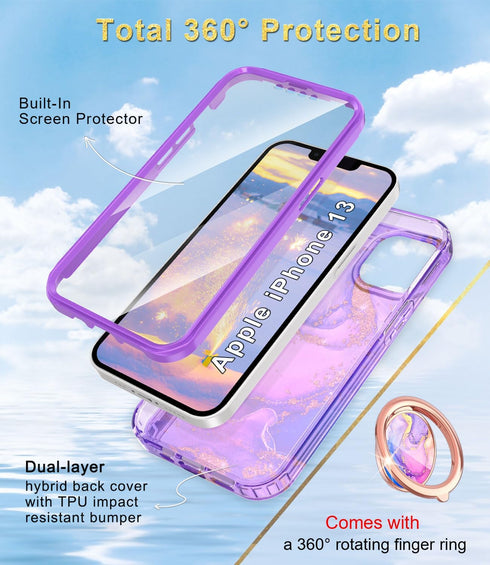 Btscase Compatible with iPhone 13 Case, Built-in Screen Protector with 360° Ring Holder Kickstand, Full Body Dual Layer Rugged Shockproof Protecti...