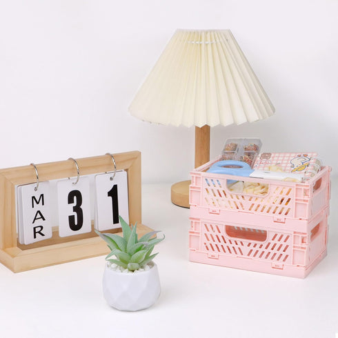 4-Pack Pink Plastic Storage Crate Small Baskets for Organizing Collapsible Storage Crates for Desk Organizers,Stackable Cute Storage Bins for Clas...