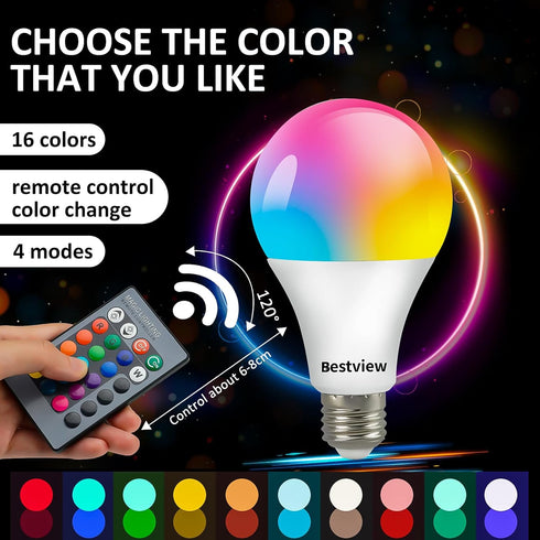 Bestview RGB LED Light Bulb, Color Changing Light Bulbs with Remote Control, RGBW Warm White 5W E27 Screw Base,Mood Flood E26 Light Bulb-16 Color ...