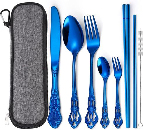 AARAINBOW 7 Pieces Stainless Steel Flatware Set Portable Reusable Cutlery Set Travel Utensils Set Including Chopsticks Knife Fork Spoon Straws Cle...