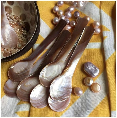 DUEBEL Set of 6 Pink Mother of Pearl 4.5 inch / 11cm MOP Caviar Spoons W Round Handle for Caviar Serving or Egg Serving...