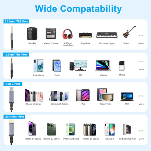 Lightning to 1/4 TRS Audio Stereo Cable, 3 in 1 to 1/4 Male Aux Audio Cord Compatible with iPad, iPhone 13 Pro for Amplifier, Mixer, Home Theater,...
