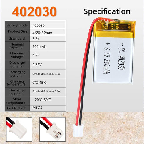 3.7V 180mAh 402030 Lipo Battery Rechargeable Lithium Polymer ion Battery Pack with PH2.0mm JST Connector...