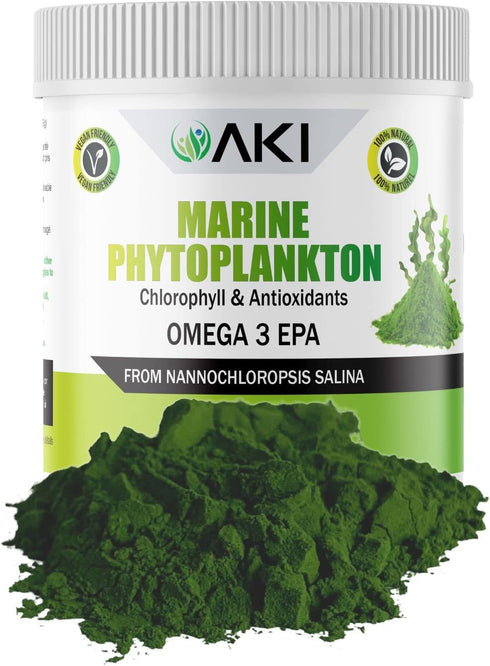 AKI Marine Phytoplankton Powder | Source of Raw Omega-3 EPA Micro Algae Nannochloropsis - Plant Based Proteins, Vitamins for Overall Wellness | Co...