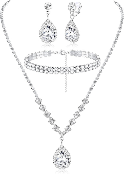 FIBO STEEL Clip on Rhinestone Jewelry Set for Bridal Bridesmaid Wedding Teardrop Pendant Earrings Necklace Bracelets Set for Women Party Prom Cost...