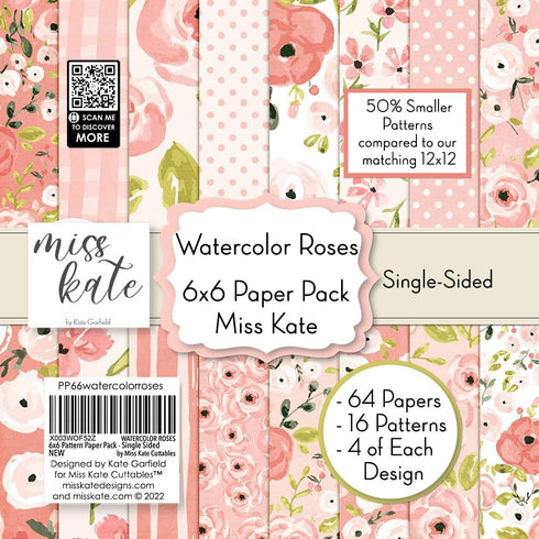 6x6 Pattern Paper Pack - Watercolor Roses - with Florals -Scrapbook Single-Sided-64 Sheets- 50% Smaller Patterns - by Miss Kate Cuttables...