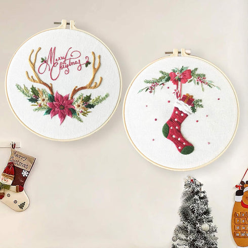 HaiMay 3 Sets Embroidery Starter Kit with Pattern and Instructions, Cross Stitch Kit Include 3 Embroidery Clothes with Christmas Pattern, 3 Bamboo...