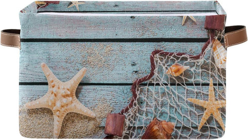 AUUXVA Summer Beach Sand Storage Basket Bin Rustic Wooden Starfish Large Fabric Toys Storage Cube Box with Handles Collapsible Closet Shelf Cloth ...