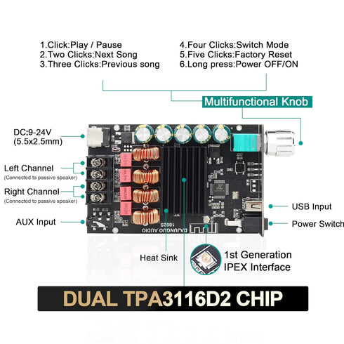 1002S 2.0 Bluetooth Amplifier Board with Dual TPA3116D2 Chips, 100W+100W Power Output (1002S)...