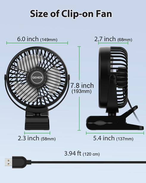 GEHEN 3-Speed Clip-On Fan with Sturdy Clamp & Strong Airflow, USB-Powered for Easy Cooling, Ultra-Quiet Operation Ideal for Bedroom, Office, & Str...