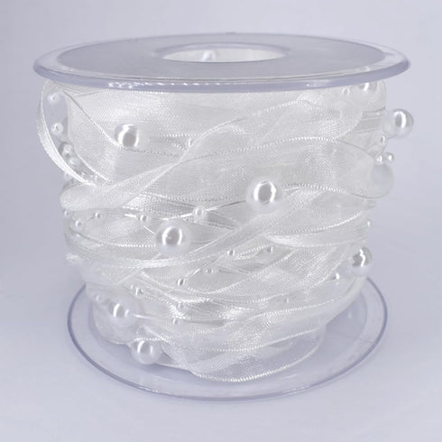 11 Yards Pearls String Beads Organza Sheer Chiffon Satin Ribbon 3 Strings Mix Style for Wedding Party Christmas Garland Valentine’s Day Bouquet DI...
