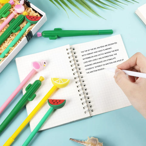 30Pcs Hawaiian Luau Ballpoint Pens, 0.5 mm Black Gel Ink Pen, Cute Flamingo Watermelon Cactus Lemon Fruit Pen for Kids Student and School Office S...