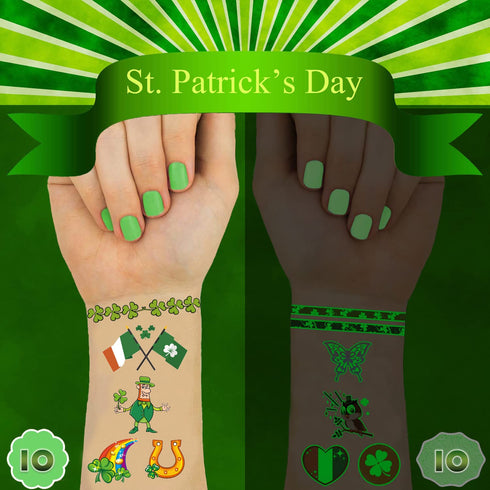 10 Sheets St. Patrick’s Day Temporary Tattoos,Lucky Shamrock Leprechaun Glow in The Dark Tattoos Green Clover Irish Designs Paint Art Luminous Tat...