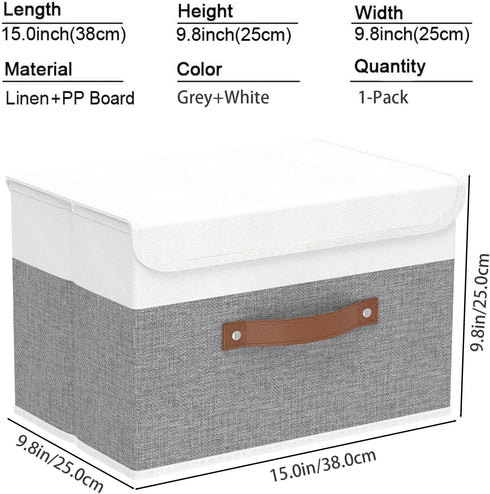 Yawinhe Storage Boxes with Lids, Linen Fabric Bin, Cube Organizer Basket, Washable and Leather Handle, for Home, Closet, White/Grey, 15.0''Lx9.8''...