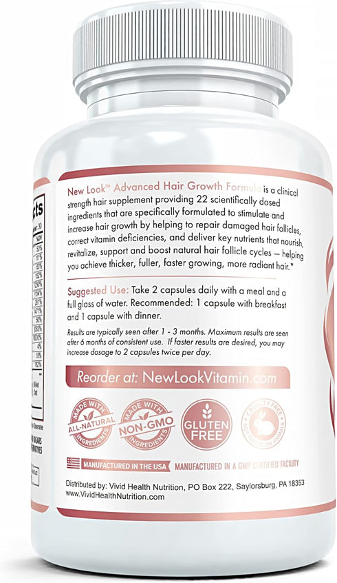 New Look Hair Growth Support Vitamins for Women and Men | Clinical Strength Supplement for Hair Loss | Supports Thicker, Fuller Hair with Biotin -...