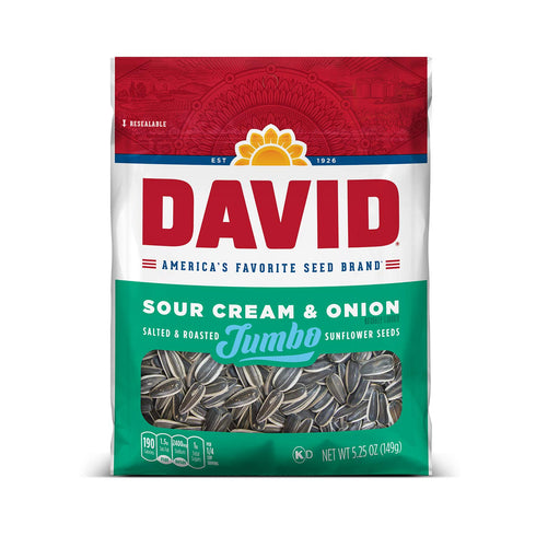 DAVID Roasted and Salted Jumbo Sunflower Seeds, Sour Cream and Onion Flavor, 5.25oz....