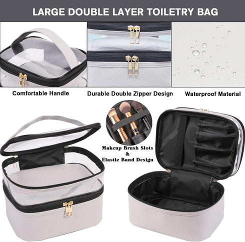 FITINI Makeup Bags Double Layer Travel Storage Cosmetic Cases Make up Organizer Toiletry Bags Water-resistant for Women Makeup Brush Bag,Gray...