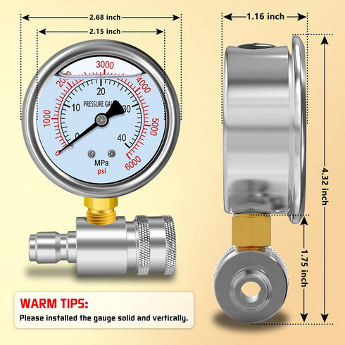 Boltigen Pressure Washer Gauge Kit, Pressure Gauge for Power Washer with 3/8inch Quick Connect, Stainless Steel, 6000PSI...