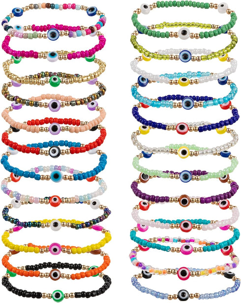 24 Pcs Beaded Evil Luck Eye Bracelets- Elastic Handmade Protection Bracelet Durable Mexican Bracelets Delicate Mal De Ojo Bracelets Evil Luck Eye ...