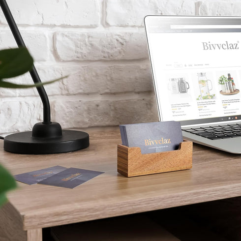 Business Card Holder for Desk, Acacia Wood Business Card Organizer Desktop Business Card Display Stand for Office Home Tabletop Exhibition, Small ...