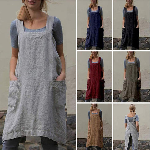 VLZUFE Cotton Linen Apron for women Cross Back Apron Pinafore Dress for Baking Cooking Gardening Work...