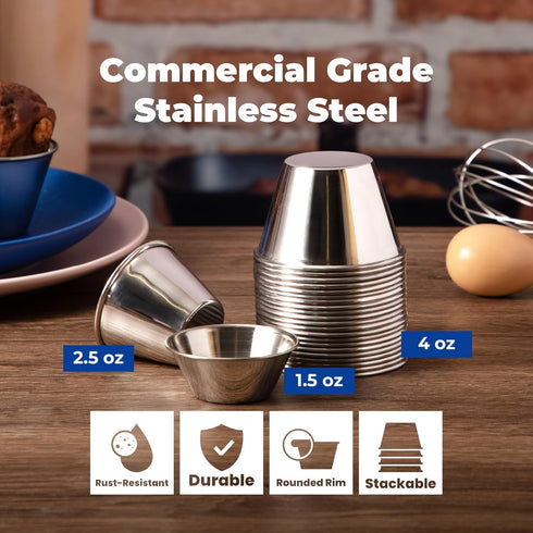 Fit Meal Prep [24 Pack 4 oz Stainless Steel Dipping Sauce Cups, Reusable Metal Ramekins, Commercial Grade Condiment Bowls, Individual Portion Cups...