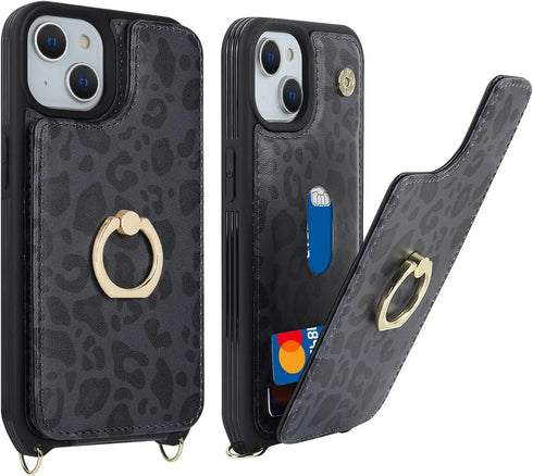 for iPhone 13 Case with Card Holder for Women,iPhone 13 Phone Case with Strap,Crossbody Lanyard,Ring Stand,Snap Clasp,Cute Wallet Cases for iPhone...