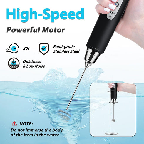 Milk Frother with Stand Rechargeable-Handheld Coffee Frother with 3 Stainless Whisks 3 Speed Adjustable, Electric Whisk Drink Mixer, Foam Maker Bl...