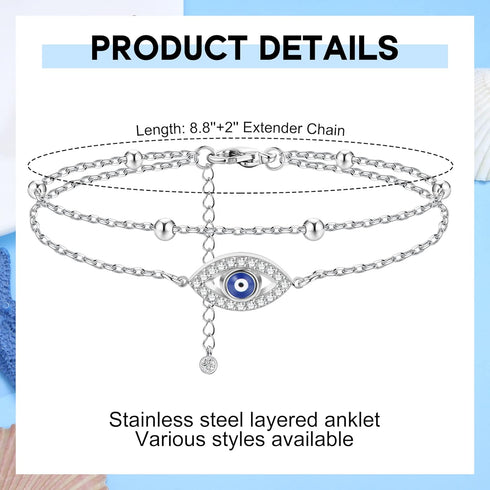 FIBO STEEL Stainless Steel Ankle Bracelet for Women Teens Cute Butterfly Sequin Infinity Cross Heart Evil Eye Pendant Layered Anklets Adjustable F...
