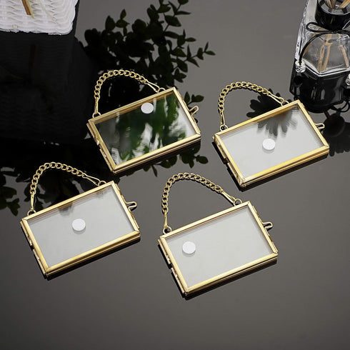 JUXYES Set of 4 Mini Brass Wall Hanging Photo Frame, Glass Hanging Picture Artwork Display Frame, Double Glass Floating Frame Style Gallery Wall F...
