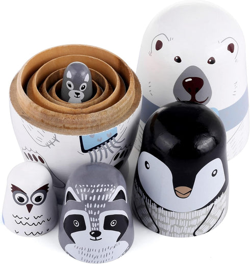 Yoption 5Pcs Russian Matryoshka Dolls Handmade Wooden Polar Bear Penguin Nesting Dolls Set for Kids Christmas Birthday Toy Gift (Polar Bear)...