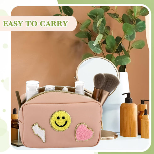 Sanwuta 4 Pcs Chenille Bag Preppy Patch Makeup Bag Cosmetic Bag Chenille Letters Toiletry Bag PU Leather Waterproof Portable Pouch Travel Organize...