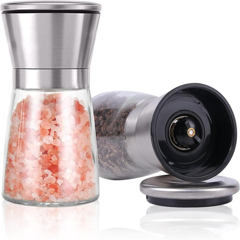 Herda Salt and Pepper Grinder - Refillable 304 Brushed Stainless Steel Shaker - Adjustable Ceramic Sea Salt & Pepper Grinder - Tall Glass Salt- Pe...