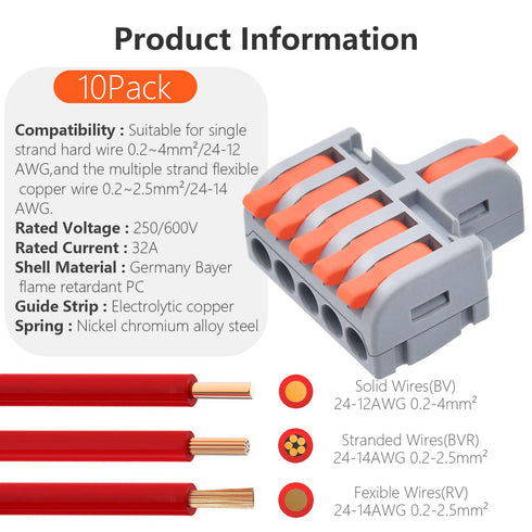 10Pcs Lever Wire Connectors, 1 in 5 Out DIY Mini Splicing Compact Quick Push-in Electrical Connectors, 24-12 AWG...