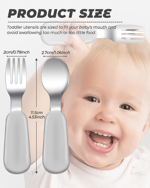 2 pcs Toddler Utensils, Stainless Steel Toddler Silverware Set with Round Handle, Baby Forks for Self Feeding, 1 Toddler Fork and 1 Toddler Spoon,...
