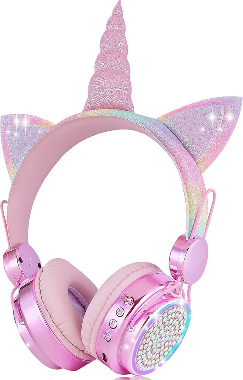 Kids Wireless Headphones for Girls Children Teens, LED Light Up Bluetooth Unicorn Headphones with Microphone for School/Xmas/Online Study/Unicorn ...