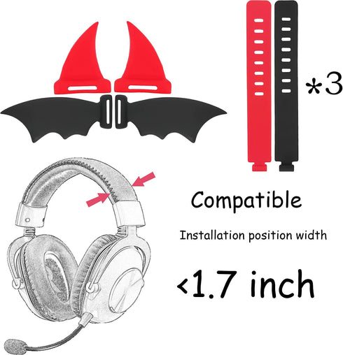 RUKUHOT Halloween Black Bat Wings + Red Devil Horns Headphone Attachment, Bat Devil Horns Headband Headset Decor, Cosplay Props Bat Wing for Hallo...